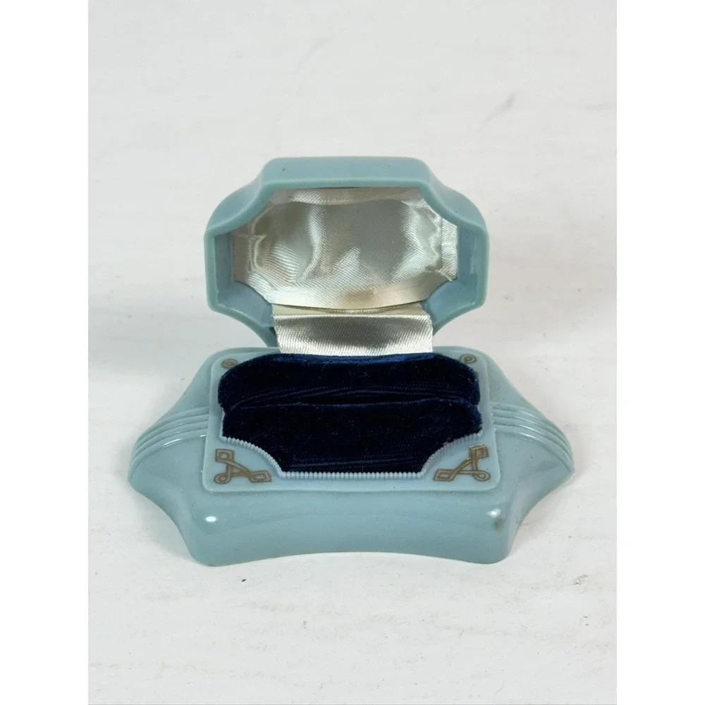 Vintage Dennison Blue Plastic Ring Box Art Deco Velvet Jewelry Case USA